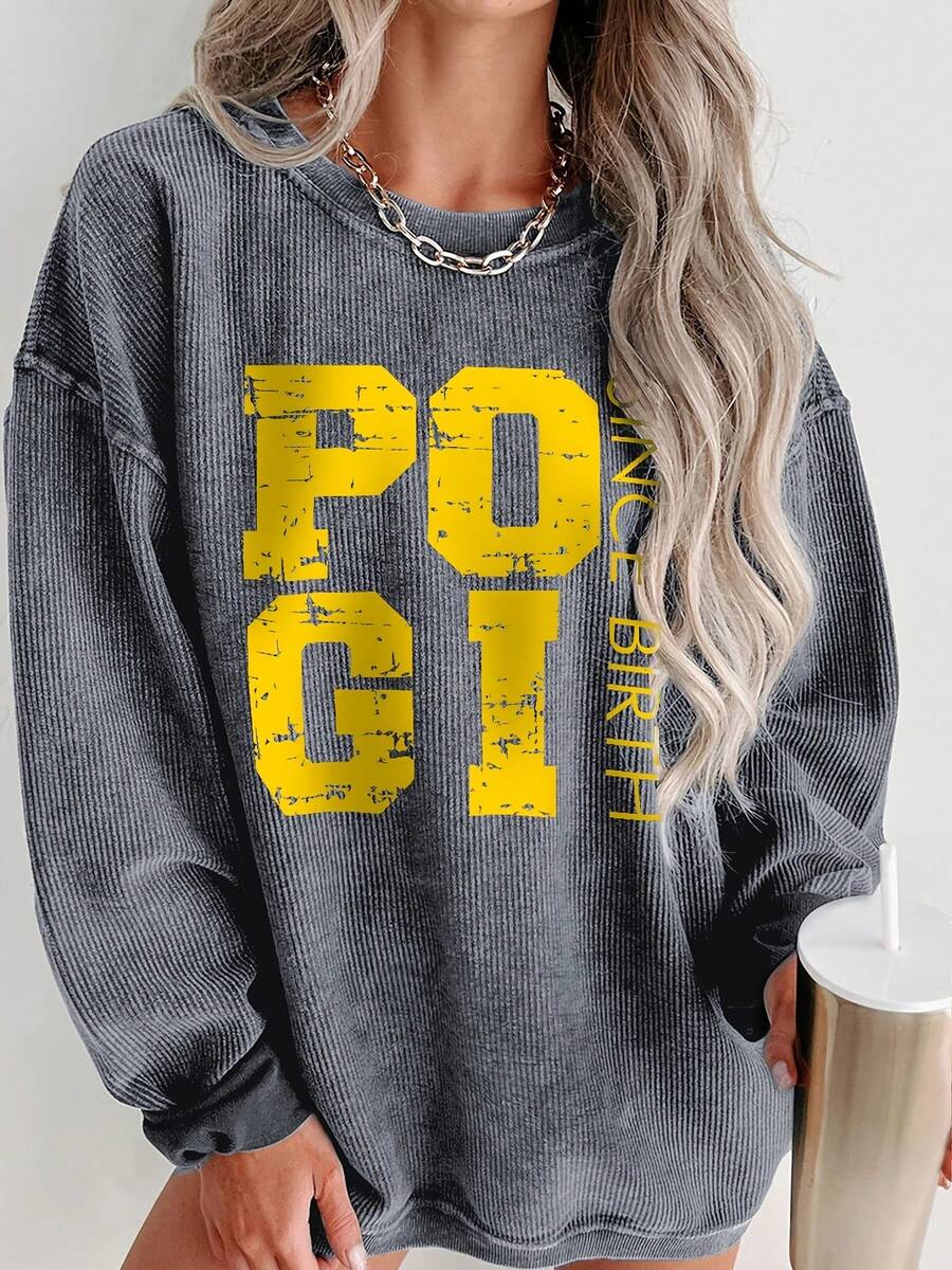 Valentine Outfits For Women, POGI Since Birth Graphic Print, Casual Crew Neck Sweatshirt, Cozy Streetwear, Everyday Style,Essentials Hoodie,Summer Outfits For Women,Spring Tops - 深灰色 - 查看 1