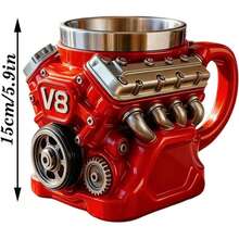 V8 Engine Model Resin Coffee Mug With Inner Liner, High-End Mechanical Desk Decor For Car Enthusiasts | Unique V8 Coffee Mug Gift Idea For Men, Durable And Leak-Proof Office Or Home Use (Red V8) - 紅色 - 查看 6