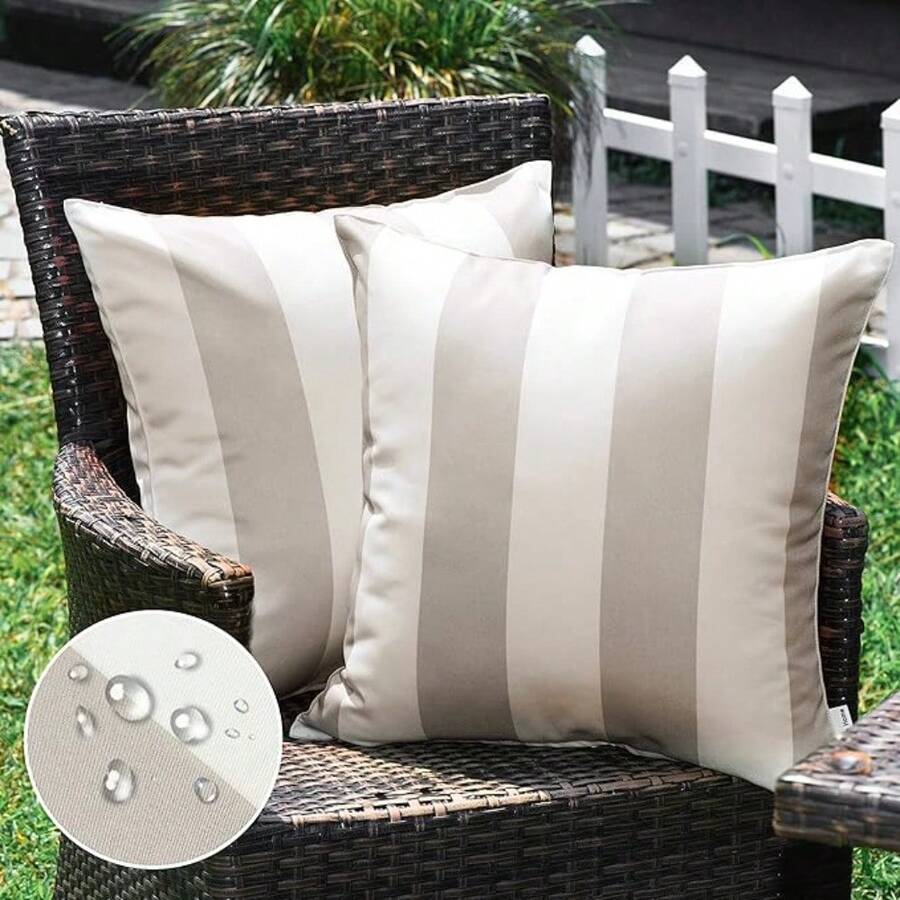 2-Pack Waterproof Striped Throw Pillow Covers - Beige And Grey, 18x18 Inch - 沙色與白色 - 查看 1