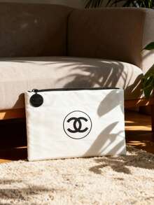 CHANEL Black & White Classic Logo Makeup Bag, Feather Cotton Material, Travel Organizer - White - View 5