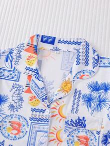 2件套白色底，饰有太阳、月亮、贝壳、水果、虾图案和条纹海马印花的女士睡衣套装，舒适的短袖翻领纽扣衬衫和松紧腰短裤，时尚百搭，适合户外、室内和四季穿着。 - 白色 - 查看 3