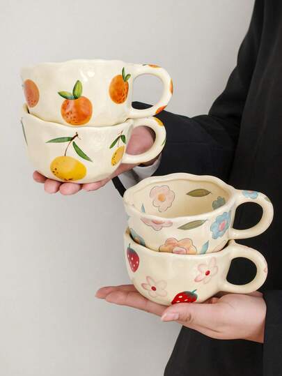 1 szt. Uroczy, ręcznie malowany ceramiczny kubek z motywem kwiatowym i owocowym, kreatywny kubek do latte, odpowiedni do kawiarni, cukierni, biura, na prezent