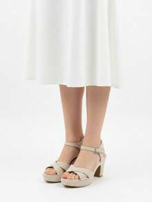 Soraia 女士厚底寬跟涼鞋 - 優雅交叉綁帶踝帶款 - 適合派對、婚禮和夏季穿著 - 多種顏色可選，沙灘搭扣 - 米色 - 查看 3