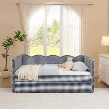 Twin To King Daybed With Trundle,Linen Upholstered Daybed With Pop Up Trundle Bed,Modern Extendable Twin Day Bed Frame For Girls Bedroom Living Room Guest Room,No Box Spring Required - 藏蓝色 - 查看 6