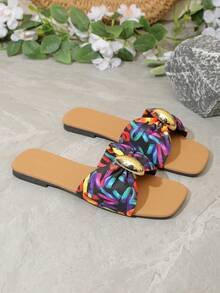 女士平底凉鞋，饰有蝴蝶结金属装饰，舒适简约编织平底凉鞋，适合度假、海滩、夏季日常穿着，白色亮面编织露趾拖鞋 - 紅色 - 查看 2