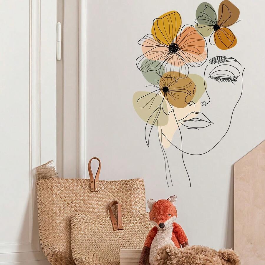 波西米亚北欧抽象花卉艺术美发沙龙墙贴，适用于客厅、卧室、厨房墙面装饰 - 彩色 - 查看 1