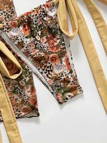 3 件套夏季海滩女士豹纹花卉印花系带网眼比基尼泳装套装