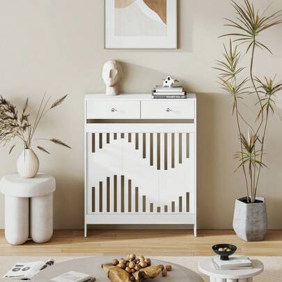 Radiator Cover With Drawers, White Wooden Radiator Shelf Pipe Covers Cabinet With Wavy Grill For Living Room Bedroom Hallway, 78Lx19Wx95Hcm