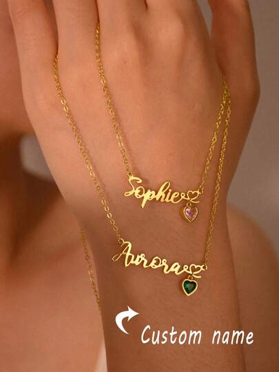1Pc Custom Heart Birthstone Name Necklace For Women Gold Color Stainless Steel Letter Necklace Personalized Jewelry Valentine's Day Gift