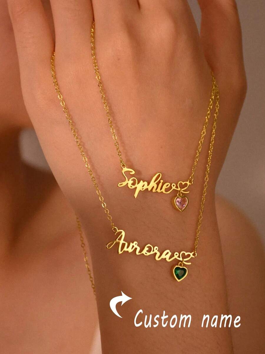 1件定制心形诞生石名字项链，女士金色不锈钢字母项链，个性化珠宝，情人节礼物