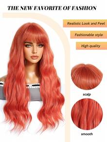 Tóc giả dài 26 inch màu cam cháy, xoăn nhẹ, có mái, được làm từ chất liệu sợi mờ chịu nhiệt cao, kèm mũ lưới hoa hồng, vẻ ngoài tự nhiên, thoải mái và thoáng khí khi đội, nhẹ, phù hợp cho các lễ hội âm nhạc và sử dụng hàng ngày. - Màu Cam cháy - Xem 3