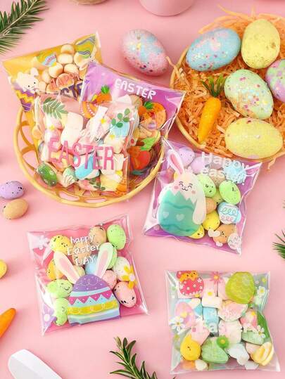 100 buc Pungi transparente pentru cadouri de Paște, Pungi cu bomboane de Paște, Pungi cu cadouri de Paște, Model de iepure și ou de desene animate, Pungi cu fursecuri de Paște cu etanșare, Pungi autoadezive din plastic pentru cadouri de Paște, Potrivite pentru consumabile de petrecere a festivalului de primăvară de Paște