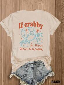Double-Sided Printing, Ladies' T-Shirts, Ladies' -Blend T-Shirts, Independence Day, Gifts-Crabby Crab Print T-Shirt - Fun & Quirky Beach-Themed Design For Summer Outfits, Perfect For Vacation Wear And Coastal Lovers - 杏色 - 查看 3
