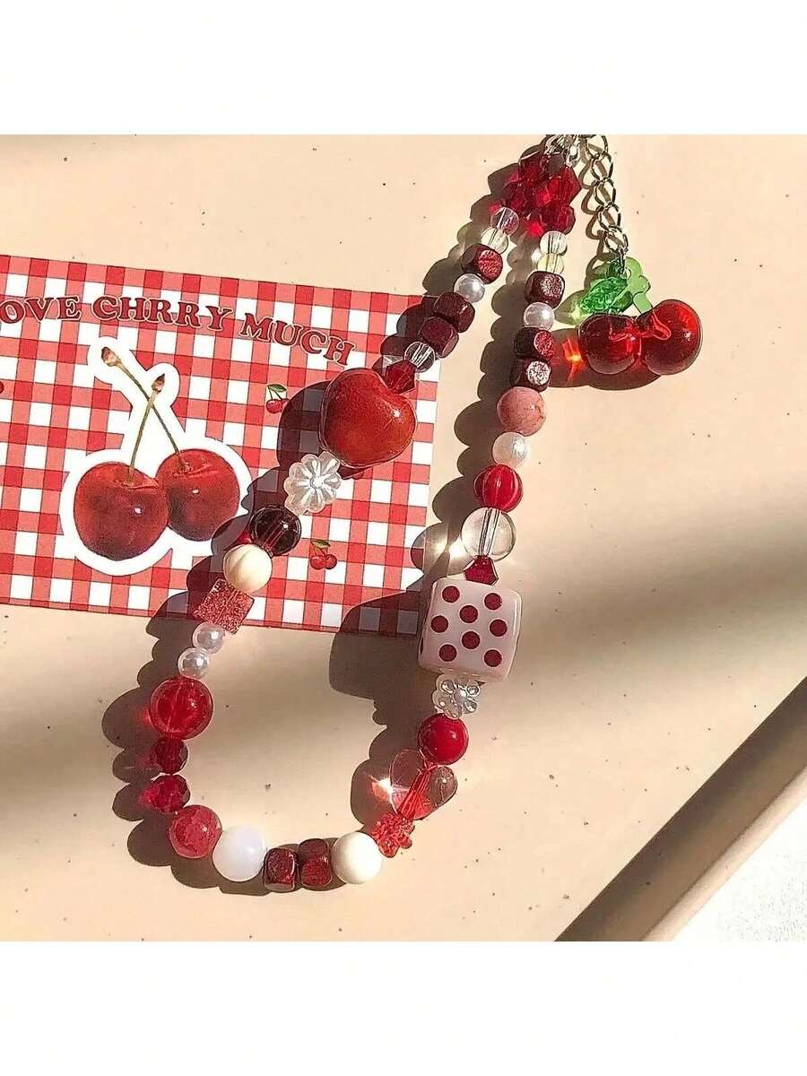 1pc Cherry Cute Phone Chain CCD Camera Lanyard Niche Pendant Handmade Beaded Girl Gubon Niche Pendant DIY Handmade Beaded Anti-Lost Wrist Strap - Multicolor - View 1