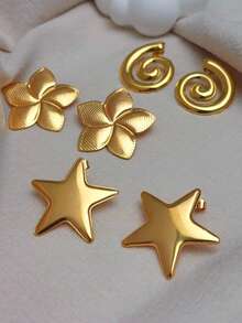 9 Pairs Of Elegant Style Stainless Steel Cast Flower-Shaped, Teardrop-Shaped, Butterfly-Shaped, Wing-Shaped And Other Geometric-Shaped Earrings. These Simple Yet Fashionable Stainless Steel Earrings Are Suitable For Ladies To Wear In Their Daily Lives And Are The Best Gifts For Female Friends. - Gold - View 3