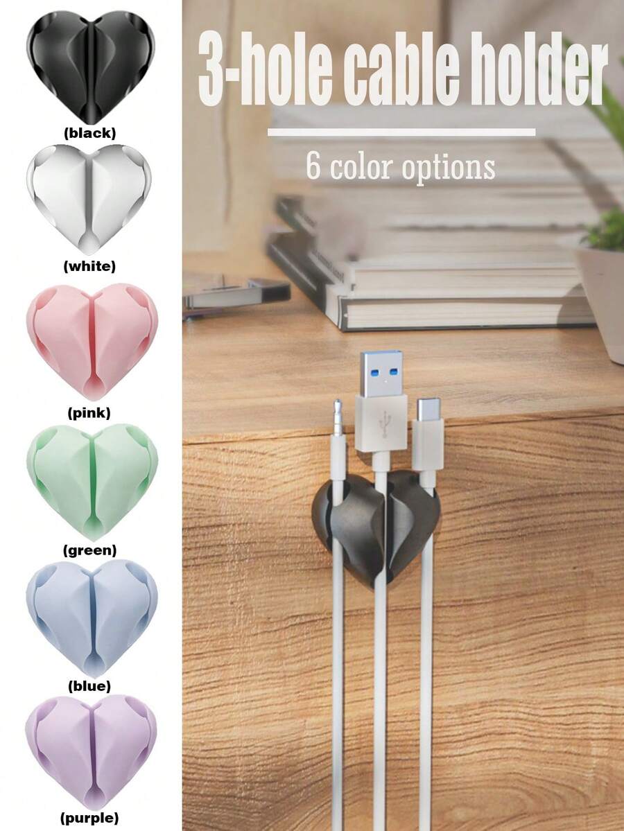 2个心形理线器，数据线固定器，三孔固定线夹，手机充电线绕线器，自粘式理线器，适用于桌面、床头、墙壁、汽车和办公室 - 彩色 - 查看 1