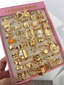 30/20/15/10/6pcs Vintage, Elegant, Chunky Multi-Piece Stackable Rings Set - Featuring Flower, Bow, Geometric, Pearl, Asymmetrical Shape, Colorful Stone Texture, Heart, Pleated, Hollow, Square, Round, Twisted, Braided Chain, Minimalist, Smooth Plain Band, Oversized, Chunky Rings, Fashion, Elegant, Delicate, Retro Design, Suitable Holiday, Party, Date,, Daily Wear - Yellow Gold - View 2