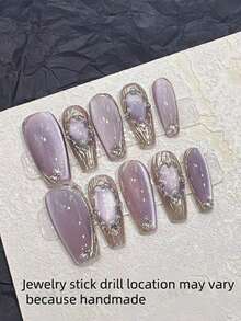 10pcs Handmade Purple Shiny Pearl Cat Eye Textured Design Pearl Mirror Nail Stickers, Trapezoidal Length, Suitable For Daily Salon, Dates, Removable Full Coverage False Nails, Ideal For Nail Art DIY Enthusiasts, Collectors, Women, Girls, Press-On Nail Stickers, Nail Art Supplies, Nail Products Handmade Press On Nails - Purple - View 2