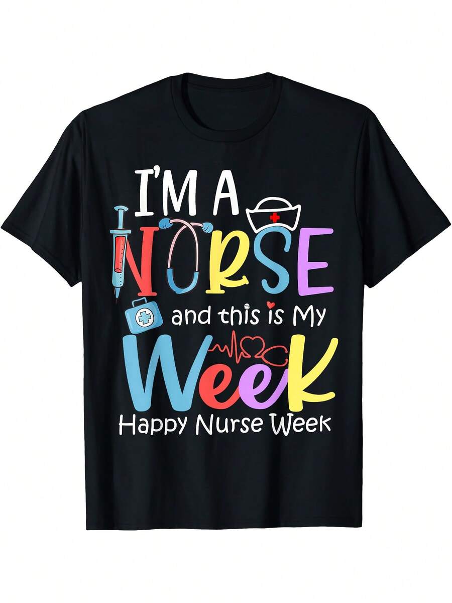 Happy Nurse Week 2024 T-Shirt - "I'm A Nurse & This Is My Week" Colorful Medical Design Black Short Sleeve Casual Tee Regular Fit Adult Apparel For Nurse Appreciation Gifts Healthcare Worker Clothing |   Vibrant Print Shirt |   Allseason Wear - 黑色 - 查看 1