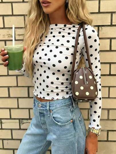 New Stylish & Elegant Polka Dot Knit Sweater Top T-Shirt, Suitable For School, Daily, Date, Street, Airport, Country Music Festival, All Seasons