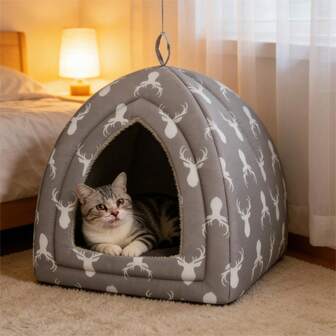 Hollypet 1pc Deer Pattern Soft Foldable Dual-Use Pet Bed Cushion, Thin Warm Pet Nest/Cat House For Small Cats, Indoor Cat Bed With Non-Slip Bottom, Reversible Plush Mat For All Seasons