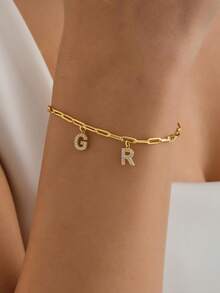 1pc Customized Diamond Inlaid Letter Bracelet, Personalized Pendant Letter Name Bracelet, Letter Jewelry, Personalized Jewelry, Gift For Mom - Multicolor - View 2