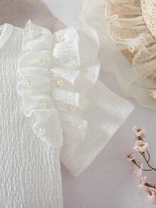 Niñas jóvenes Nuevo verano Sólido Color Cuello redondo Volantes Decoración con cuentas + Falda pantalón sólida linda con cuentas - Blanco - Ver 8