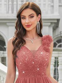 MIUSOL Deep V-Neck Sequin Floral Lace Sleeveless Ruffle Hem Chiffon Cocktail Party Swing Dress - Dusty Pink - View 10