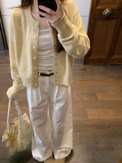 1개 솔리드 컬러 니트 리브드 버튼 프론트 가디건, 오피스 & 캐주얼 웨어, 봄/여름, 옐로우