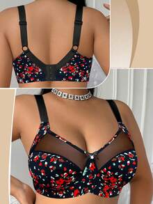 Plus Size Women Mesh Patchwork Sexy Comfortable Minimalist Racerback Bra - Black - View 2
