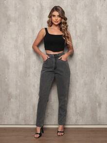 Women's Mom Jeans, 100% Denim, High Waist, On - Xám - Xem 5