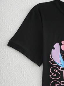 Disney 迪士尼授權 Stitch 女款兩件式睡衣套裝，黑色可愛卡通 Stitch 印花，圓領短袖上衣與長褲，舒適針織面料居家休閒套裝，可愛優雅休閒風 - 黑色 - 查看 4