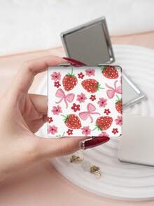 1pc Y2K Millennium Series Portable Vanity Folding Mirror, Lightweight, Ultra-Thin, Convenient Hand Mirror, PU Leather, Suitable For Multiple Scenarios, Foldable Pocket Mirror With Cartoon, Leopard, Bow, Cherry, Lily, Heart, Strawberry Printed Patterns, Delicate Folding Structure, Reliable, Shockproof, Easy To Carry - Multicolor - View 6