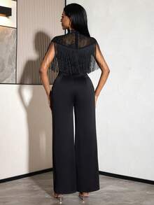 AOMEI Chic Women Black Jumpsuit, Mock Neck See Through Lace Fringe Wide Leg Jumpsuit Formal Cocktail Party, Valentine's Day - Black - View 3