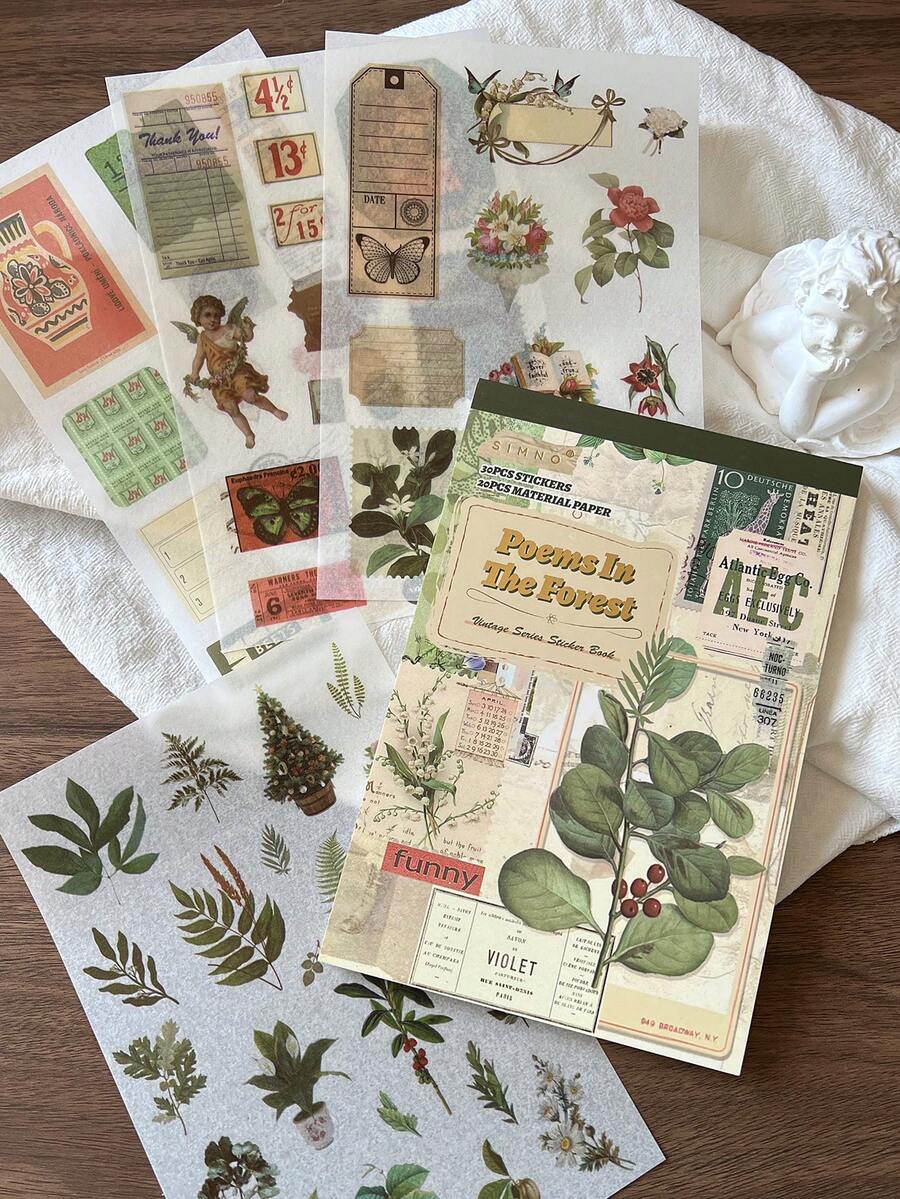 SIMNO 一套50张大尺寸复古美学剪贴簿纸，包含30张贴纸和20张装饰纸，个性化剪贴簿计划创意学习用品（21厘米*14厘米） - 綠色 - 查看 1