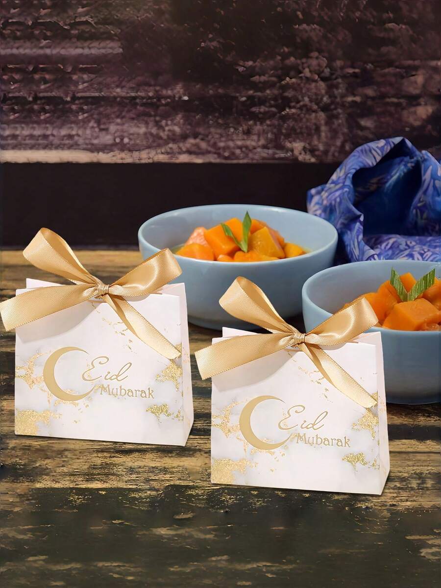 5个白色斋月新月蝴蝶结礼品袋，开斋节金色月亮吊坠包装袋，适用于节日派对礼品包装 - 彩色 - 查看 1