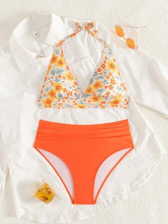2 piezas Conjunto de bikini de mujer con cuello halter, estampado floral y cintura alta, ropa de playa de verano