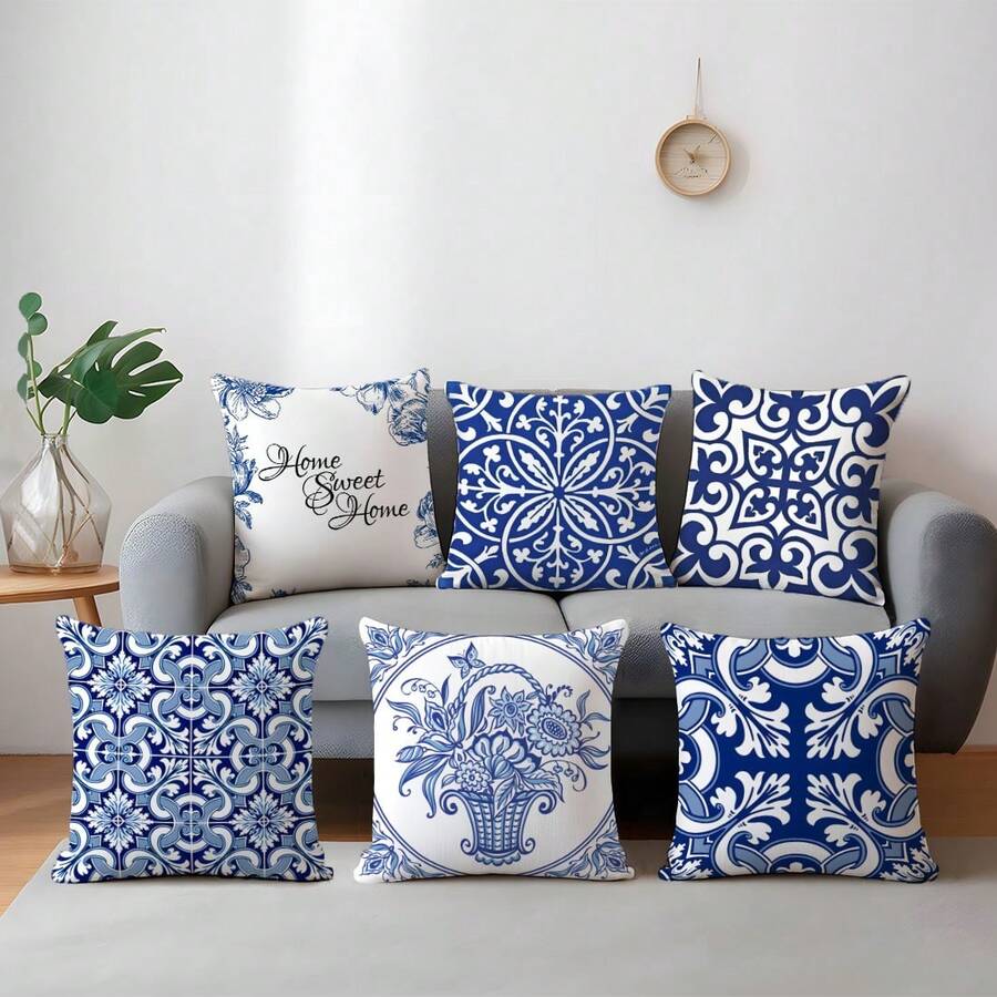 Bộ 6 vỏ gối trang trí đơn giản màu xanh trắng bằng sứ, họa tiết hình học hoa văn cổ điển châu Âu "Ngôi nhà thân yêu", in một mặt, chất liệu nhung màu đào, kích thước 45*45/50*50/40*40CM, thích hợp cho ghế sofa vải hiện đại, trang trí nội thất, trang trí tiệc, làm quà tặng.