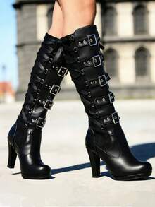 Women Y2K Style Goth Knee High Boots Buckle Lace Block Heel Lace Up Knee Length Boots Back Zip Punk Platform Tall Boots For Wedding Bridal Bridesmaid Dress Party Halloween - 黑色 - 查看 2