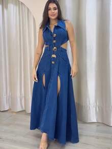 Women's Fashionable Sleeveless Denim Dress With Hollow Waist, Slit Skirt Design, Mid-Length Skirt With Metal Buckle Decoration - 藍色 - 查看 5