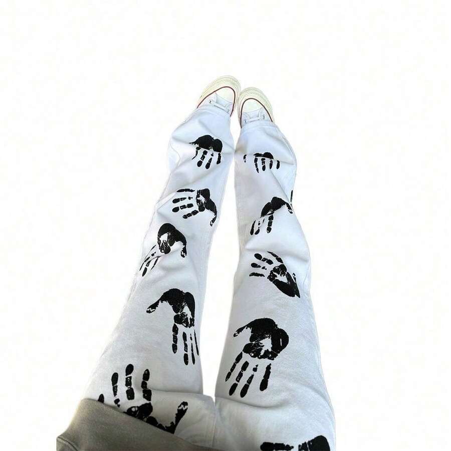 Pantalones vaqueros de hombre estilo streetwear americano con estampado de palmeras, cintura alta, corte ajustado, pierna recta, corte bota, modernos, resistentes a la suciedad, para uso casual. - Blanco - Ver 1