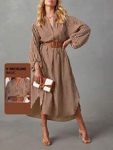 Women's 2026 Spring Striped Dress (Belt Included) - Slim-Fit V-Neck Lantern Sleeve, French Retro Color Block Office Slim-Fit A-Line Midi Dress - Màu Khaki - Xem 1