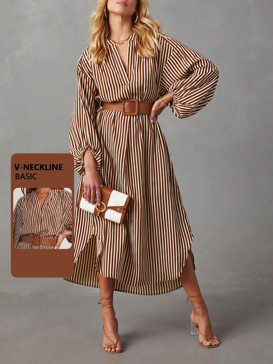 Women's 2026 Spring Striped Dress (Belt Included) - Slim-Fit V-Neck Lantern Sleeve, French Retro Color Block Office Slim-Fit A-Line Midi Dress - Màu Khaki - Xem 1