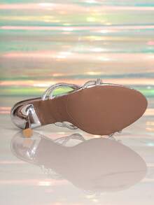 女士新款闪亮水钻绑带银色高跟鞋，尖头，优雅仙女风时尚凉鞋 - 銀色 - 查看 7