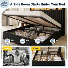 Allewie Full/Queen/King Size Lift Up Hydraulic Storage Bed Frame, 2-Tier Shelf Headboard With LED Lights And Charging Station, USB And Type C Ports, Wingback Velvet Headboard, No Box Spring Needed, Black - 黑色 - 查看 2