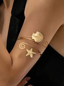 1pc Personalized Ocean Life Golden Starfish & Shell Metal Spiral Cuff Bracelet, Suitable For Vacation, Party, Beach Wear