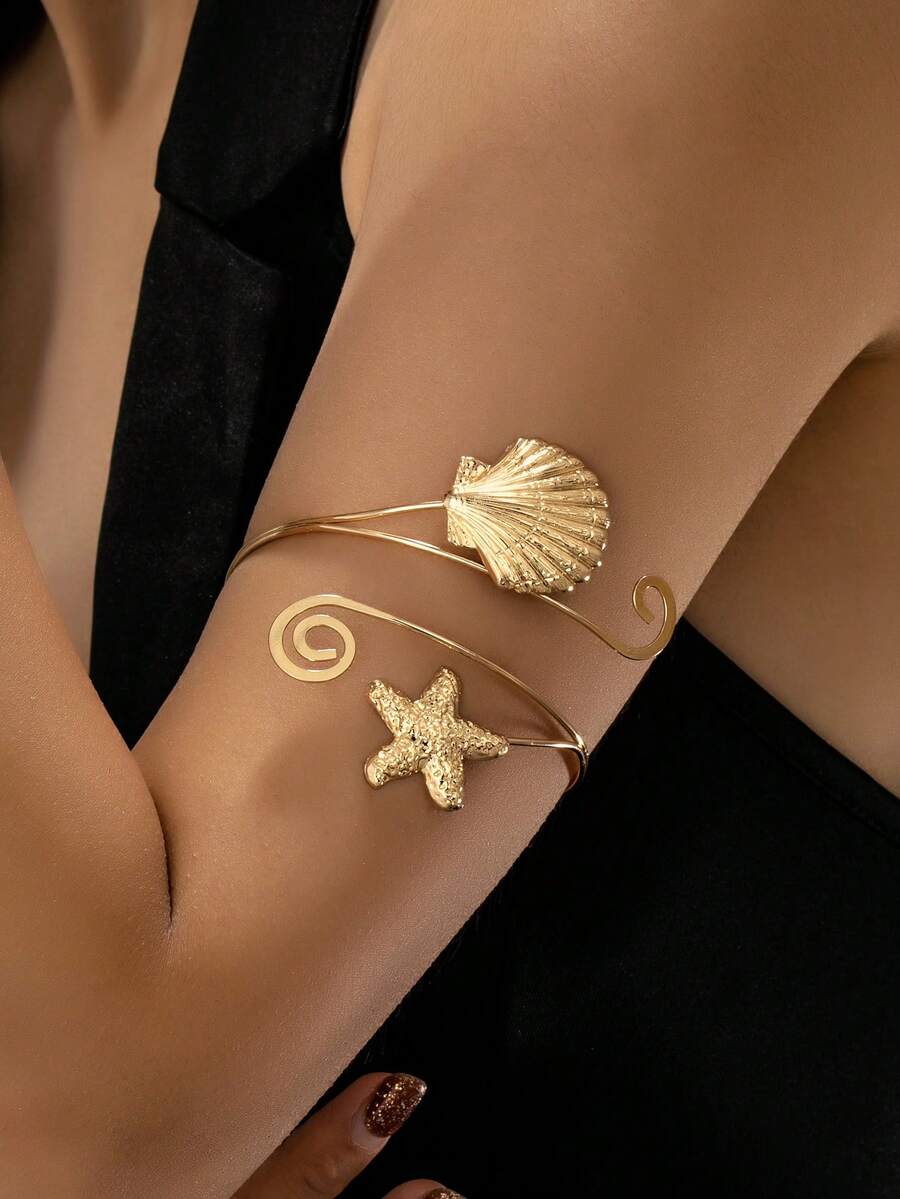 1pc Personalized Ocean Life Golden Starfish & Shell Metal Spiral Cuff Bracelet, Suitable For Vacation, Party, Beach Wear
