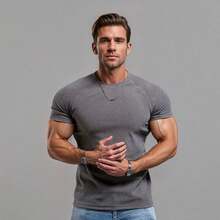 Camiseta ajustada de cuello alto de colores sólidos para hombres de gimnasio, estilo urbano - Gris Oscuro - Ver 1