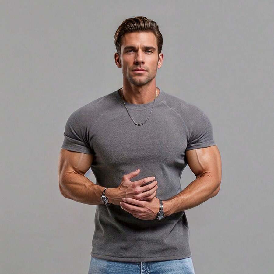 Camiseta ajustada de cuello alto de colores sólidos para hombres de gimnasio, estilo urbano - Gris Oscuro - Ver 1