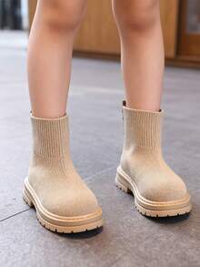 Un par de Liso Casual Tejido de Lana Detalle de Cremallera Trasera Botines de Niño Para Jugar y Salidas Familiares Otoño e Invierno Suela Gruesa Antideslizante - Caqui - Ver 4